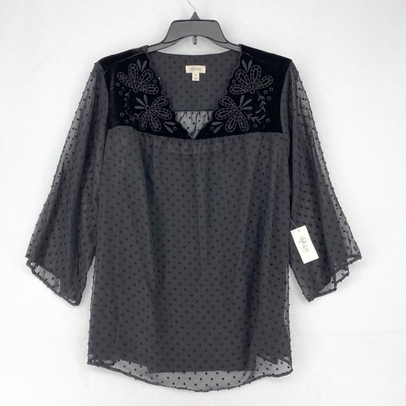 Style & Co Womens Plus 0X Black Floral Swiss Dot Eyelet V-Neck 3/4 Sleeve Top - Picture 2 of 7
